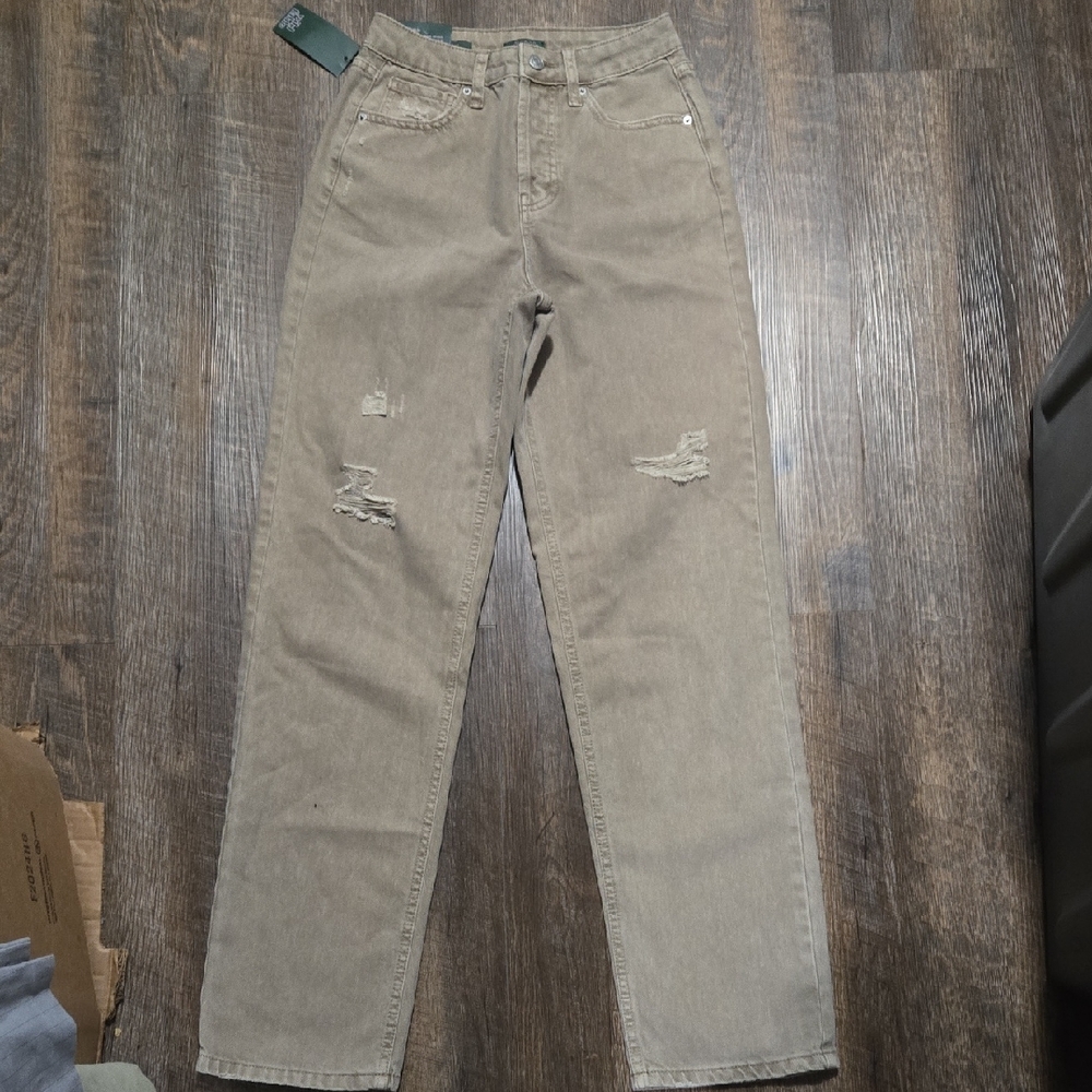 High-Waist Distressed Straight Leg Jeans - Taupe